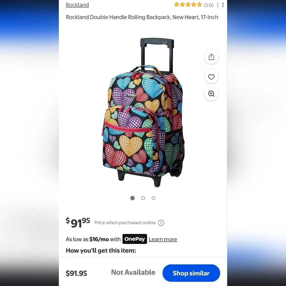 Rockland Rolling Backpack School Bag Travel Luggage Mesh Pockets New Heart 17″
